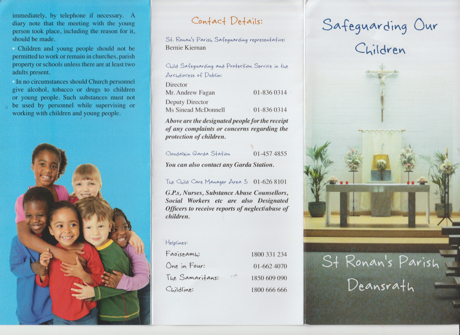 St Ronan's Parish safeguarding leaflet: cover with crucifix and altar, contact details and helplines