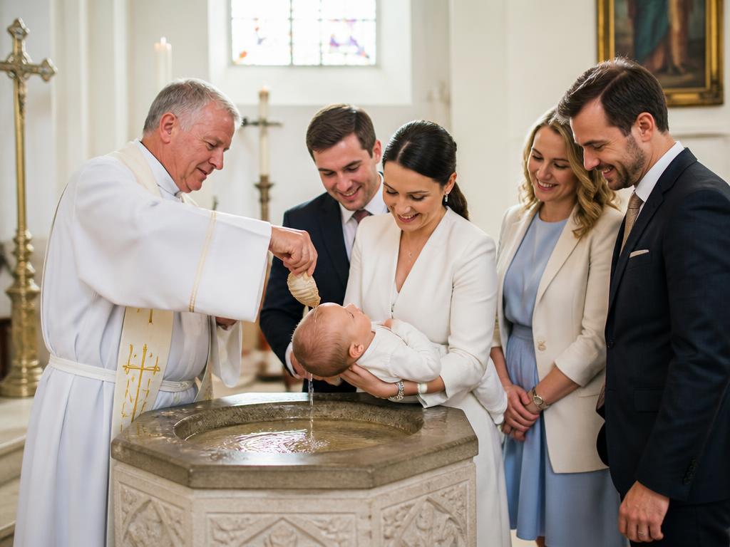 A priest baptising a baby boy at the font while his family gathers around