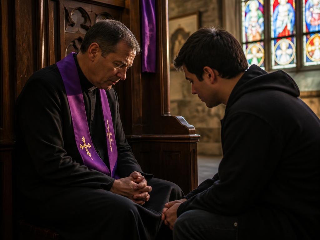 A priest in a black cassock and purple stole hearing the confession of a young man
