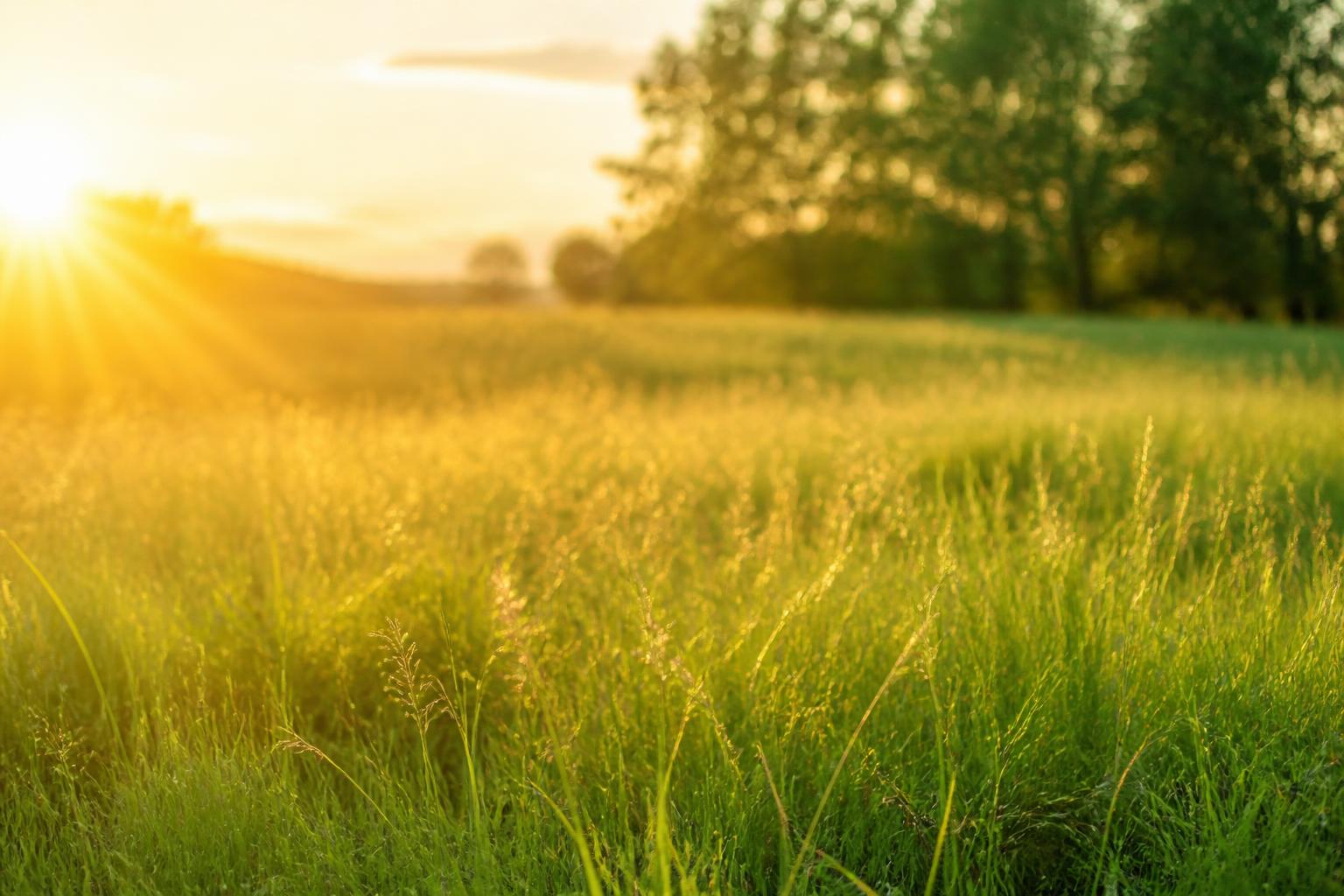 Sunlit meadow with the sun's rays shining from the left