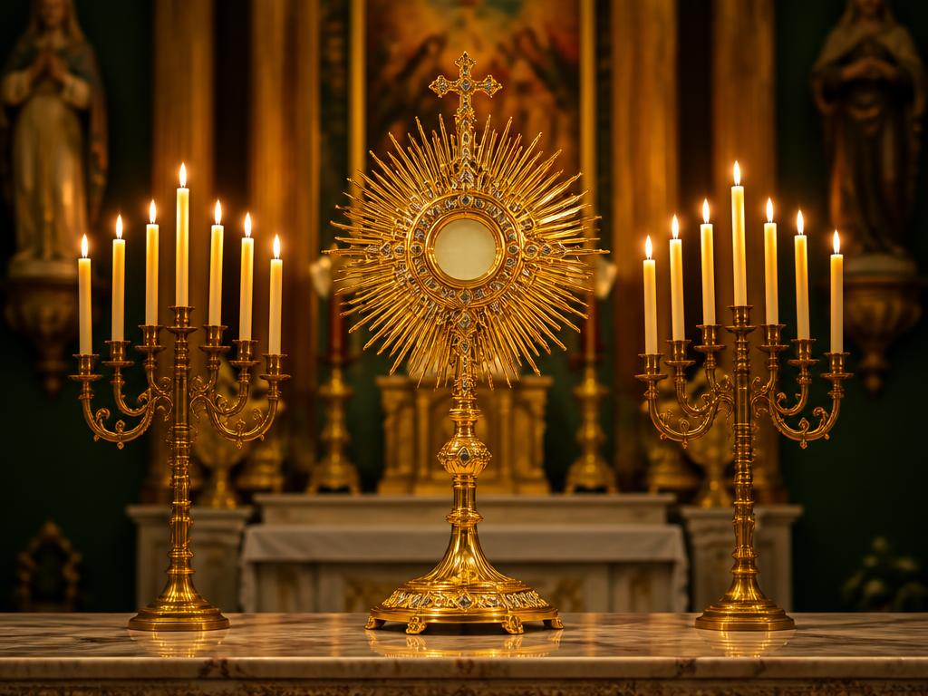 The Blessed Sacrament exposed in a golden monstrance, flanked by a seven-branch candelabra on each side